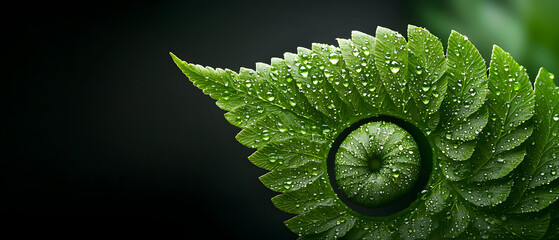 Refreshing nature scene dew-kissed fern leaf close-up forest macro photography tranquil vertical view beauty of plants