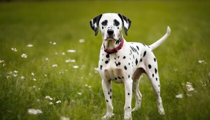 Iconic Dalmatian with its distinctive black spots standing in a serene field, embodying grace and energy