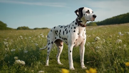 Iconic Dalmatian with its distinctive black spots standing in a serene field, embodying grace and energy