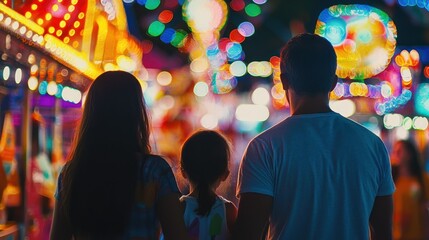 Fototapeta premium Families at a fun fair playing games and winning prizes, surrounded by bright lights.