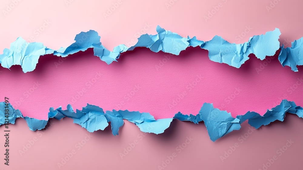 Poster crumpled and torn light blue paper creating borders on a pink background, revealing empty space for 