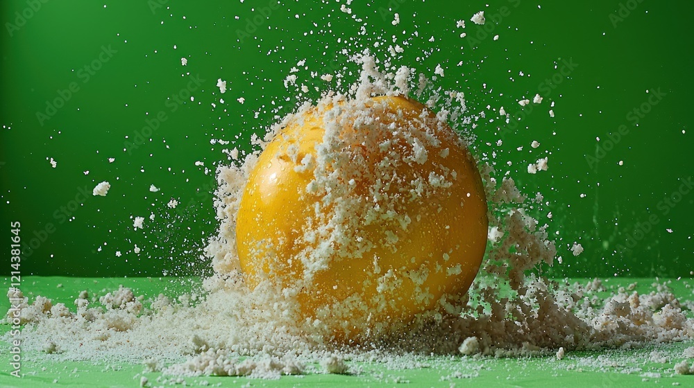 Poster vibrant yellow sphere exploding with white particles against a green background: a dynamic study in 