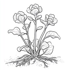 Detailed Line Drawing Of A Blooming Plant With Roots