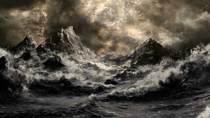 Fototapeta premium Dramatic Dark Mountains Stormy Sea Fantasy Landscape