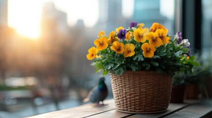 A stunning basket of pansies basking in the warm glow of sunset, encapsulating the vibrant colors of nature and the serenity of a peaceful evening in a cozy urban space.