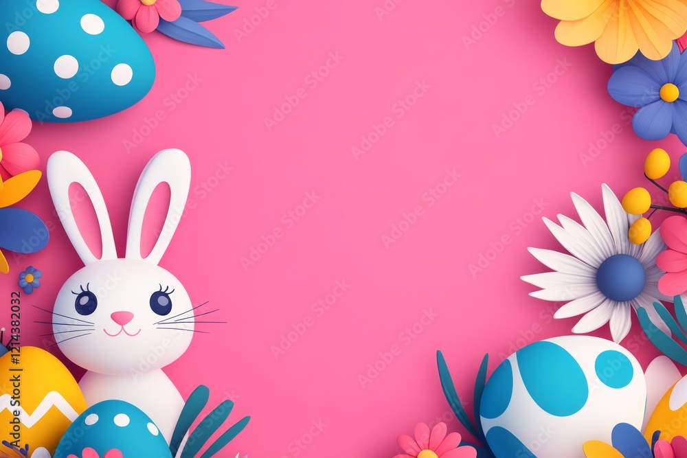 Poster pink background with a rabbit and a bunch of eggs. the rabbit is looking at the camera