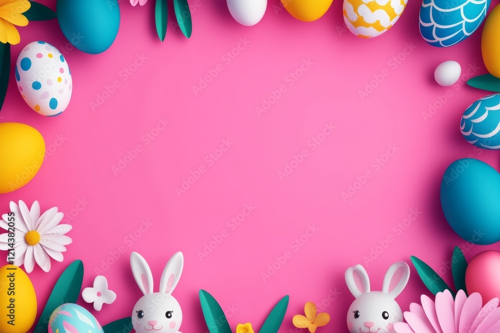 Poster pink background with a frame of easter eggs and a pair of rabbits. the frame is pink and the eggs ar