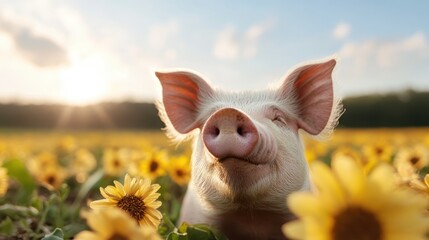 A happy pig lies amongst vibrant sunflowers under a bright sky, enjoying the warmth of the sun in a peaceful farm setting that captures the joy of nature.