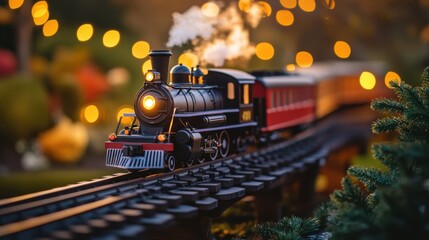 Classic Steam Train in Festive Setting with Bokeh Lights