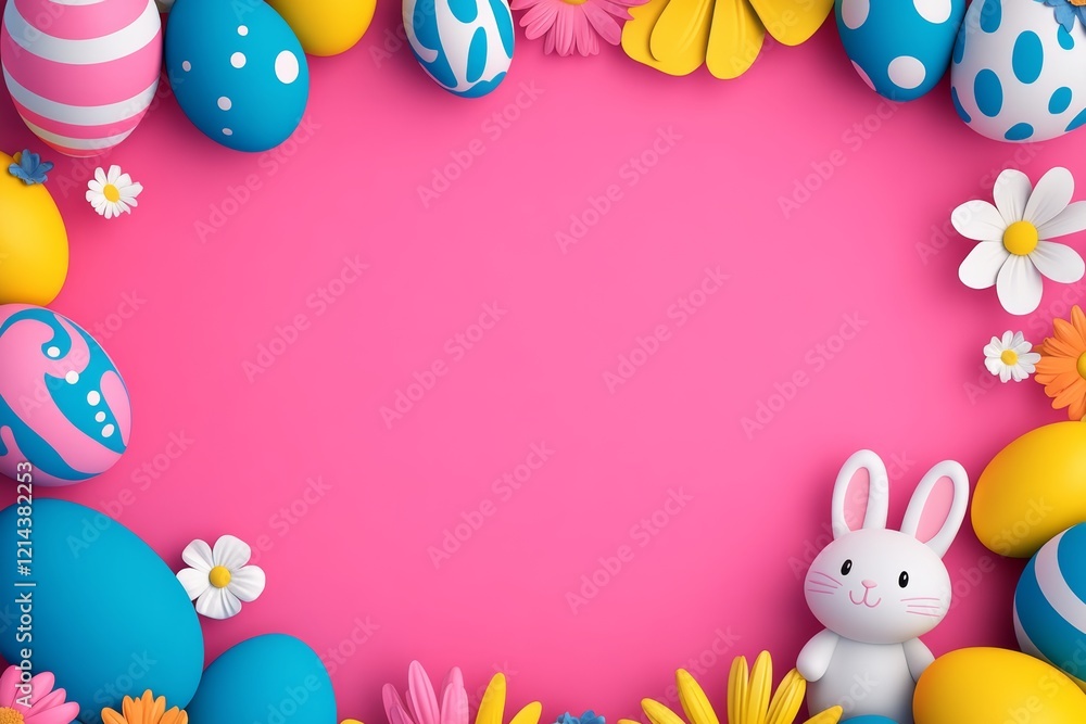 Poster pink background with a white rabbit and a bunch of colorful eggs. the eggs are arranged in a circle 