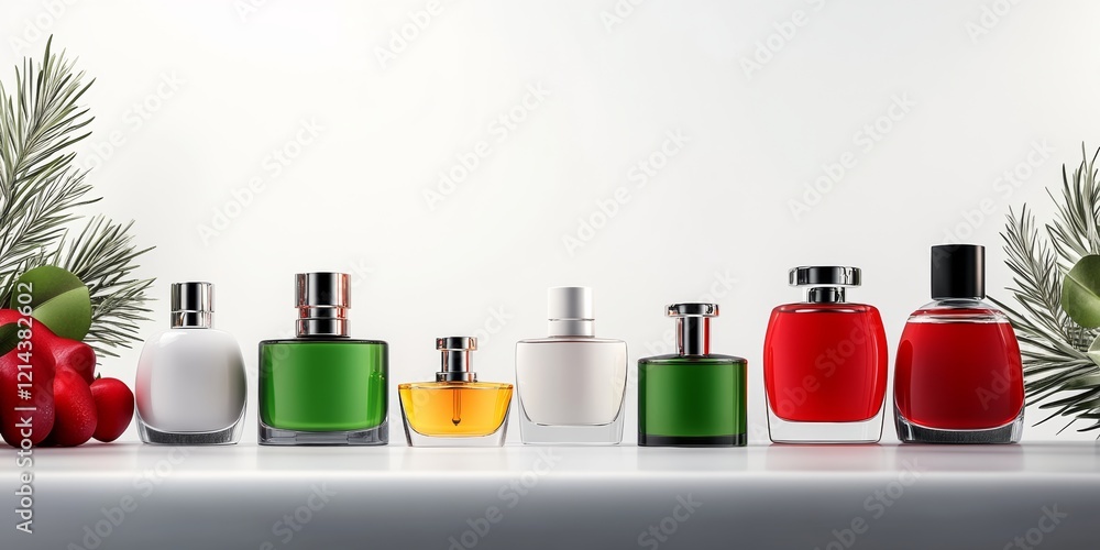 Poster row of perfume bottles are lined up on a table, with some of them being green and others being red. 