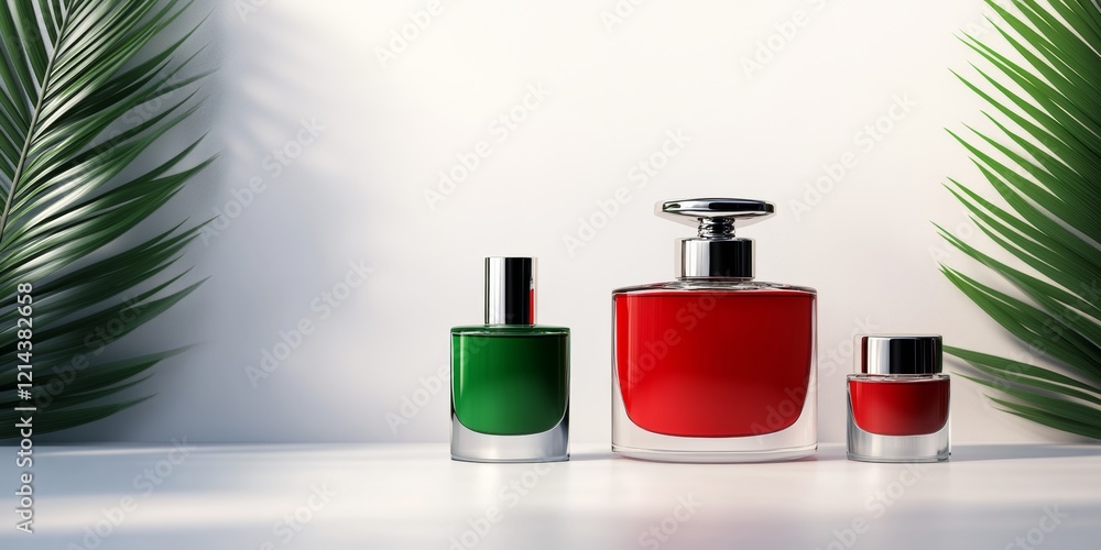 Poster three perfume bottles are displayed on a table, with one being green and the other two being red. th