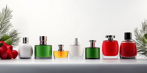 Fototapeta premium Row of perfume bottles are lined up on a table, with some of them being green and others being red. The bottles are arranged in a way that creates a sense of order and organization