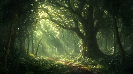 Naklejka premium Sunlit Forest Path Mystical Woodland Trail Lush Green Trees