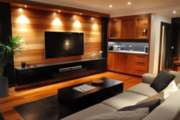Modern living room with wood wall, flat screen TV, and comfortable seating.