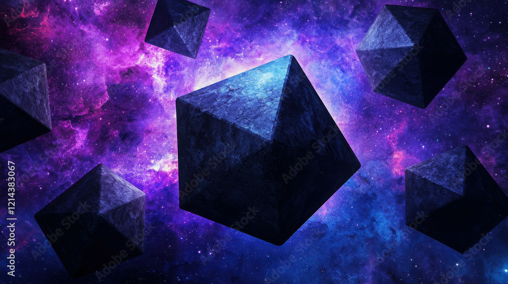 Aufkleber cosmic geometric scene with massive floating shapes in vibrant space background