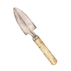 A small gardening trowel with a wooden handle. Rusty metal shovel watercolor clipart. Perfect for garden-themed designs, rustic craft patterns, or eco-friendly product branding and merchandise
