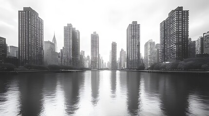 Fototapeta premium Cityscape, river reflection, urban, grayscale, morning mist, calm, skyscrapers, architecture, tranquil, design