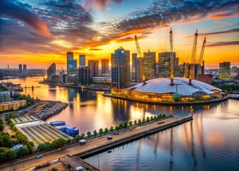 Fototapeta premium London Cityscape: O2 Arena, Thames River & Construction, July 2024