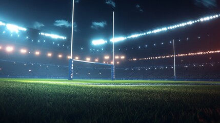 Fototapeta premium A modern rugby stadium glows under nighttime lighting, featuring a field and goal posts ready for an anticipated match, presented as a horizontal 3D sports illustration