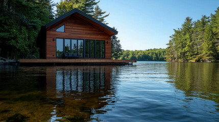 Obraz premium Cozy Lakeside Cabin with Large Windows Reflecting Surrounding Nature and Tranquility