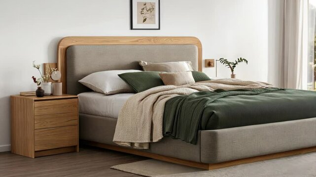 A comfortable bedroom features a modern bed adorned with soft bedding and a natural wooden nightstand, creating a welcoming atmosphere