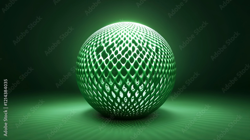 Poster spherical object with a mesh pattern illuminated in vibrant green light, creating a striking visual 