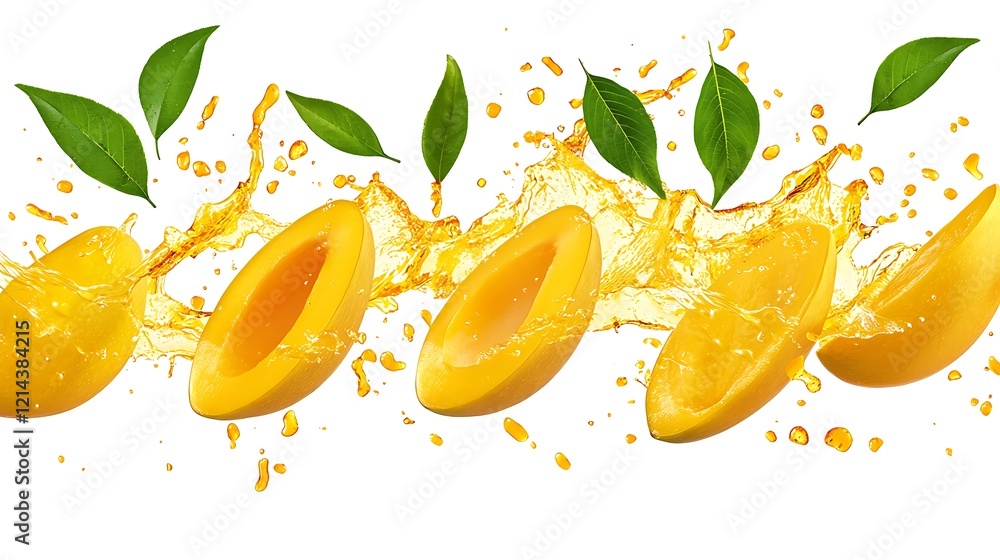 Wall mural Fresh mango slices with juice splash on white background for food and drink ads