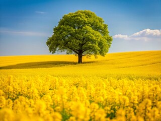 Naklejka premium Lonely Tree in Vibrant Yellow Rapeseed Field - Macro Photography