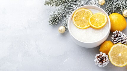 Festive lemon dessert, winter setting, snowy branches, holiday background, recipe inspiration