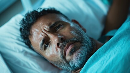 This image captures a man with a contemplative expression, lying in bed. The lighting creates a poignant atmosphere, suggesting introspection and deep emotions.