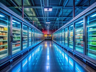 Fototapeta premium Long Exposure: Empty Supermarket Aisles with Refrigerators at Night