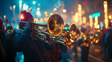 A festive parade scene featuring musicians playing brass instruments in winter attire.