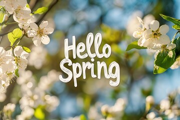 Inscription of Hello Spring with beautiful flowers on blurred nature background
