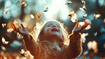 With arms outstretched, a child joyfully experiences a field filled with swirling butterflies, embodying the essence of happiness and the beauty of a carefree childhood.
