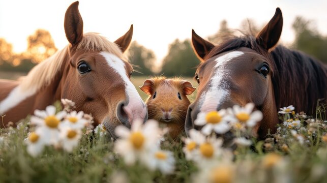 A charming scene featuring two horses and a guinea pig nestled among a colorful array of flowers, capturing the beauty of nature and friendship in a serene setting. - Powered by Adobe