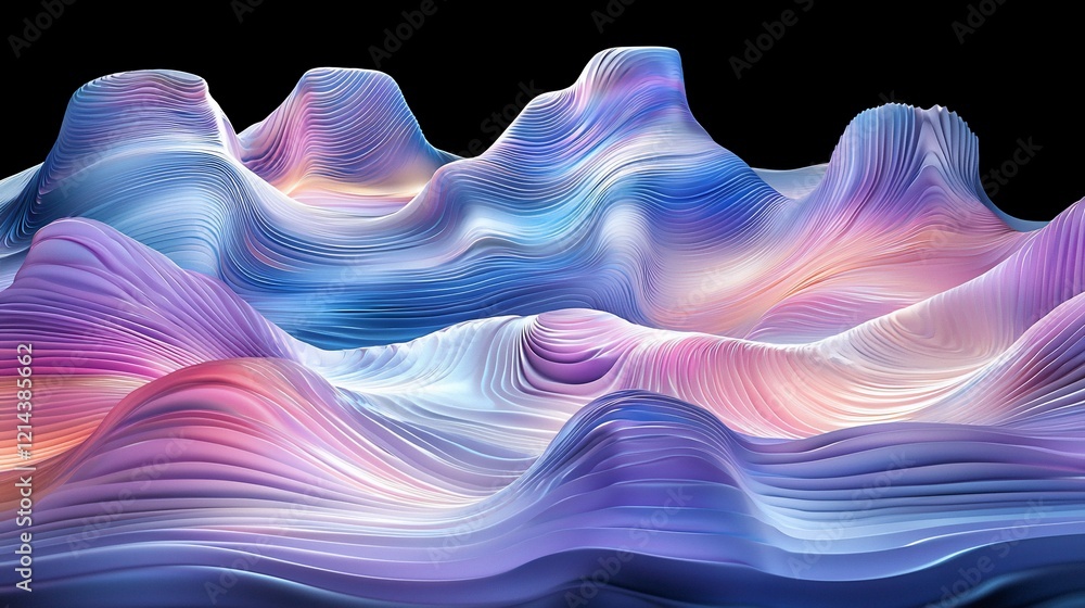 Poster abstract colorful 3d rendering of flowing, wavy lines forming a landscape.