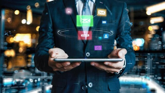 Digital communication concepts shown through a professional interacting with holographic messages