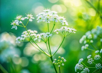 Long Exposure Close-up of Delicate White Anthriscus Sylvestris Flowers Blooming in Lush Green Meadow