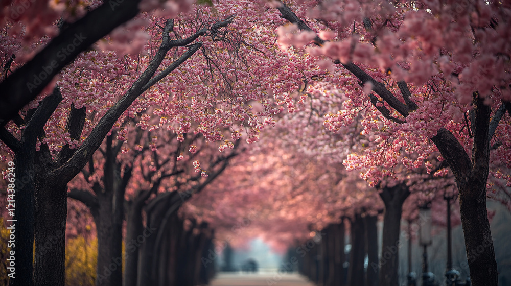 Poster blossoming cherry trees create a serene pathway in springtime park setting