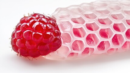 Close-up of raspberry inside translucent hexagonal casing. Food photography for recipe, blog, or packaging