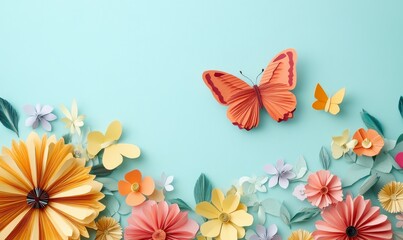 Fototapeta premium Colorful paper craft flowers, butterfly, light blue background