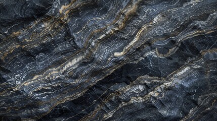 Naklejka premium A closeup of a dark gray rock with yellow and white veins and striations.