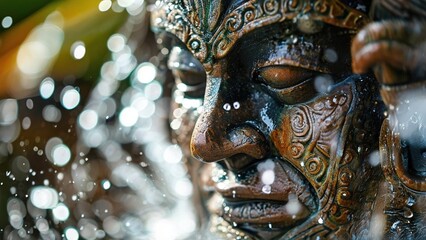 Water flowing over carved stone face, garden background, tranquility concept