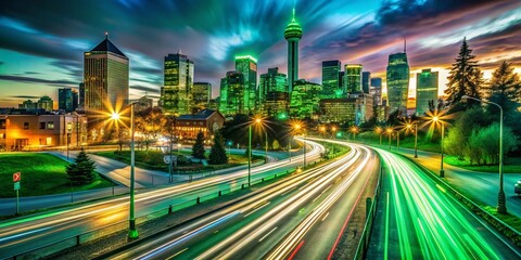 Fototapeta premium Long Exposure Emerald City Arrival: Magical Horizontal Panoramic