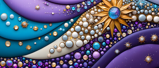 Artistic abstract design featuring golden sun and colorful orbs digital artwork vibrant colors modern aesthetic