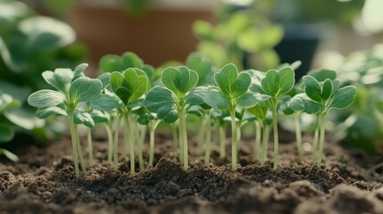 Macro Photography of Seedlings Growing in Soil, Featuring a Carpet of Green Sprouts with Natural Light, Soft Colors, and a Blurred Background, Representing Growth, Spring, and Nature.