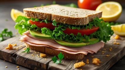 close-up of salami, avocado, tomato, parsley and a perfect sandwich
