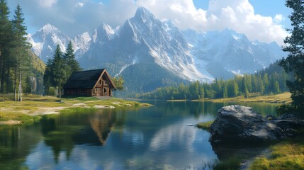 Fototapeta premium Mountain Lake Cabin Serenity Peaceful Alpine Retreat