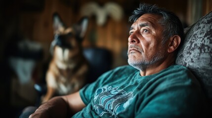 A thoughtful man sitting in a cozy indoor environment, lost in reflection while his loyal dog sits beside him, illustrating companionship and quiet moments.
